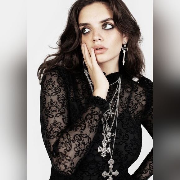 NWT Rare Disturbia Delena Flared Jumpsuit Goth Sheer Flocked Spider Ruffle XS - Picture 2 of 16